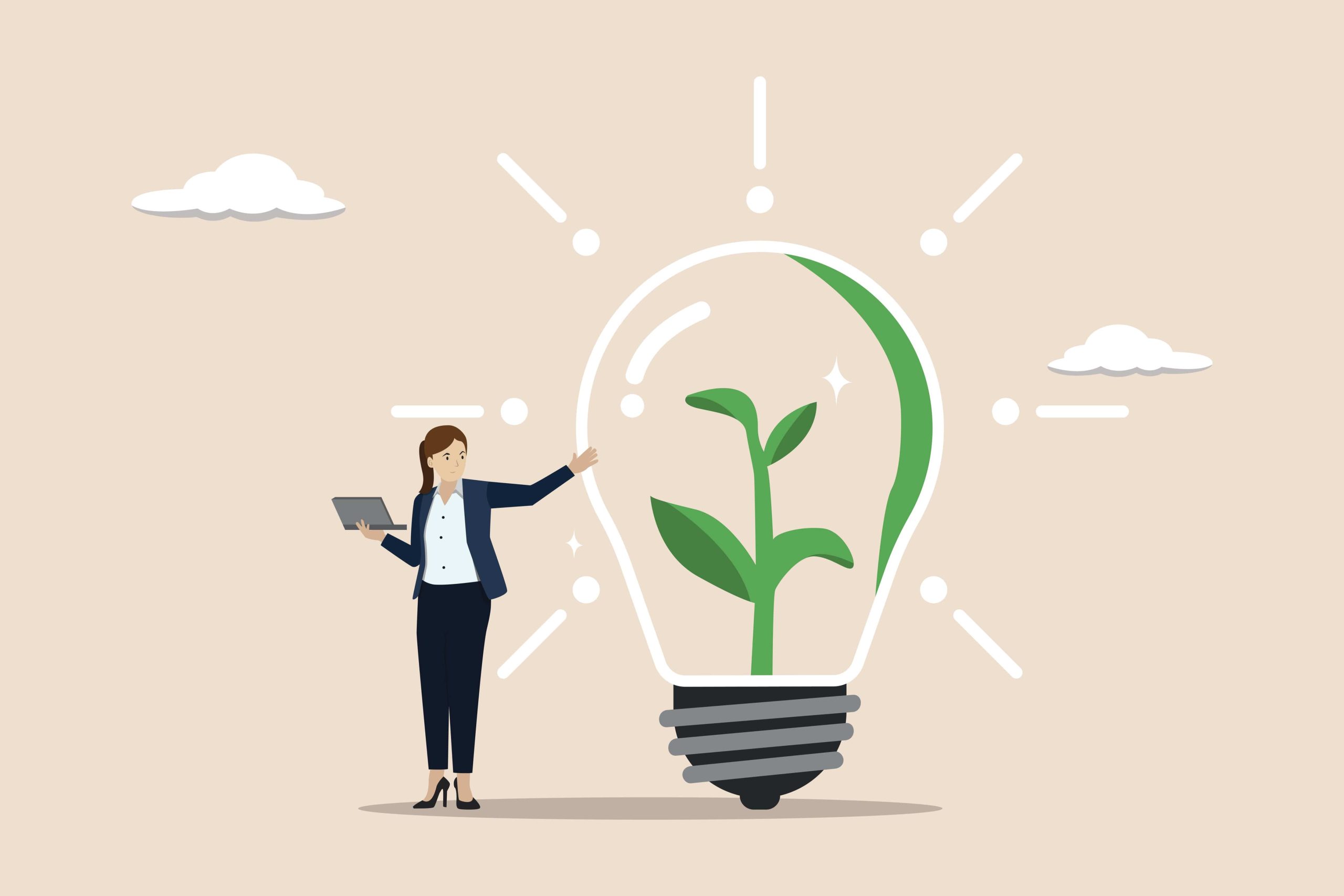 Illustration einer Geschäftsfrau in einem Anzug neben einer großen Glühbirne, in der eine grüne Pflanze wächst.