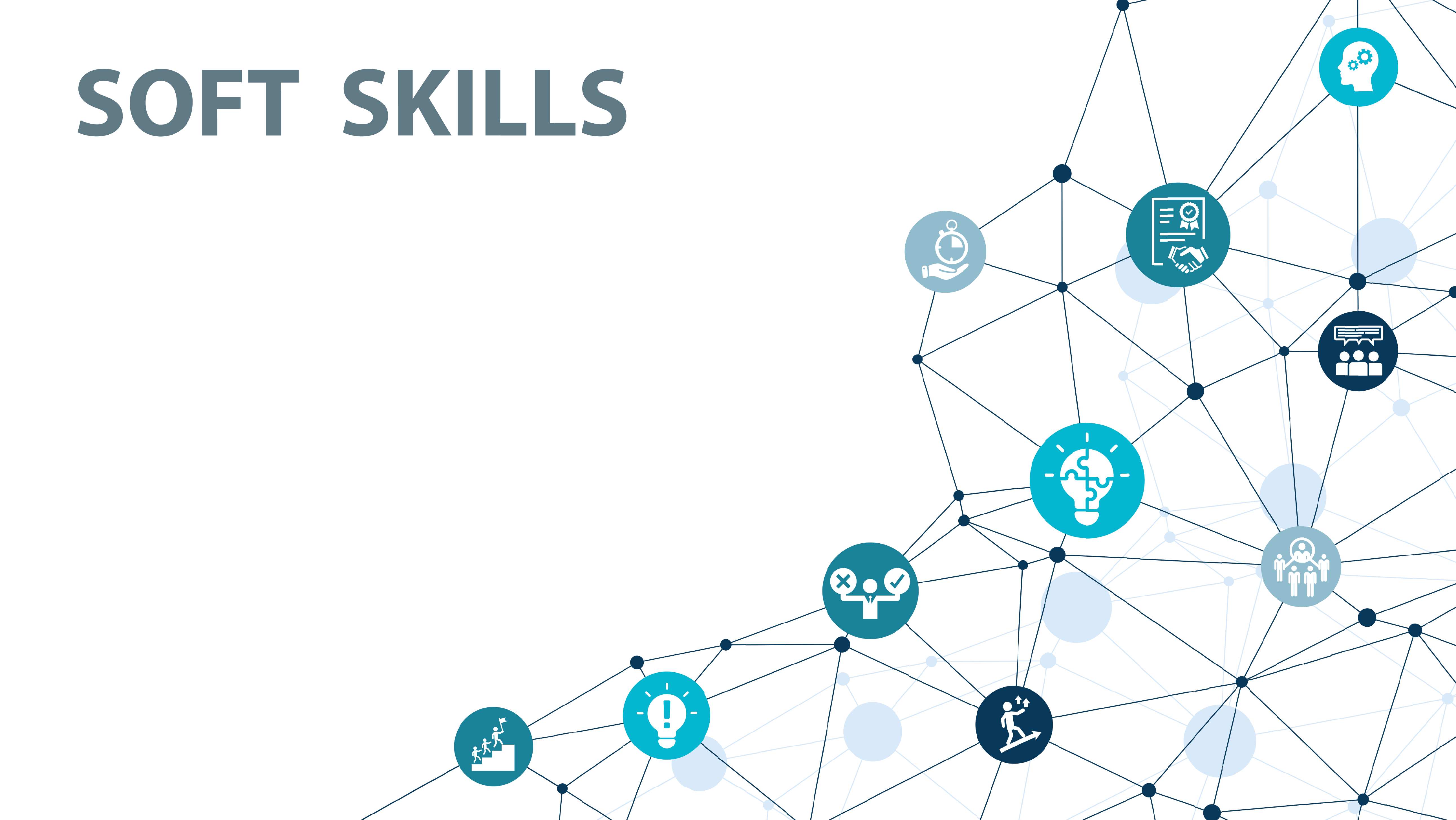 Netzwerkgrafik mit dem Schriftzug Soft Skills und Symbolen, die verschiedene Soft Skills darstellen.