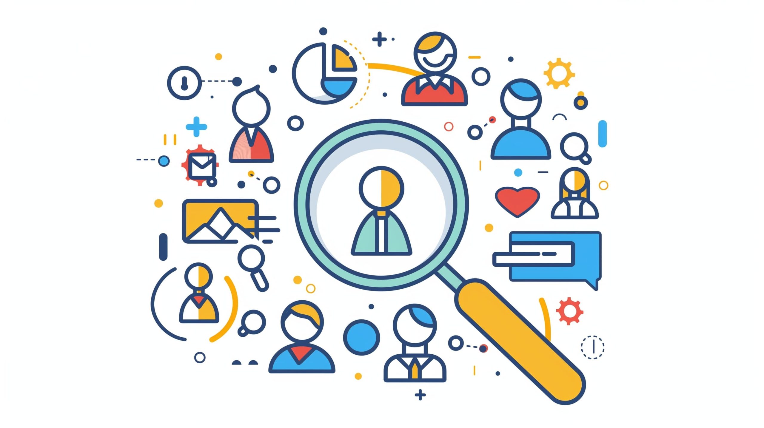 illustration: Digitale Recruiting-Tools: Lupe, Kandidaten, Diagramme und Symbole.