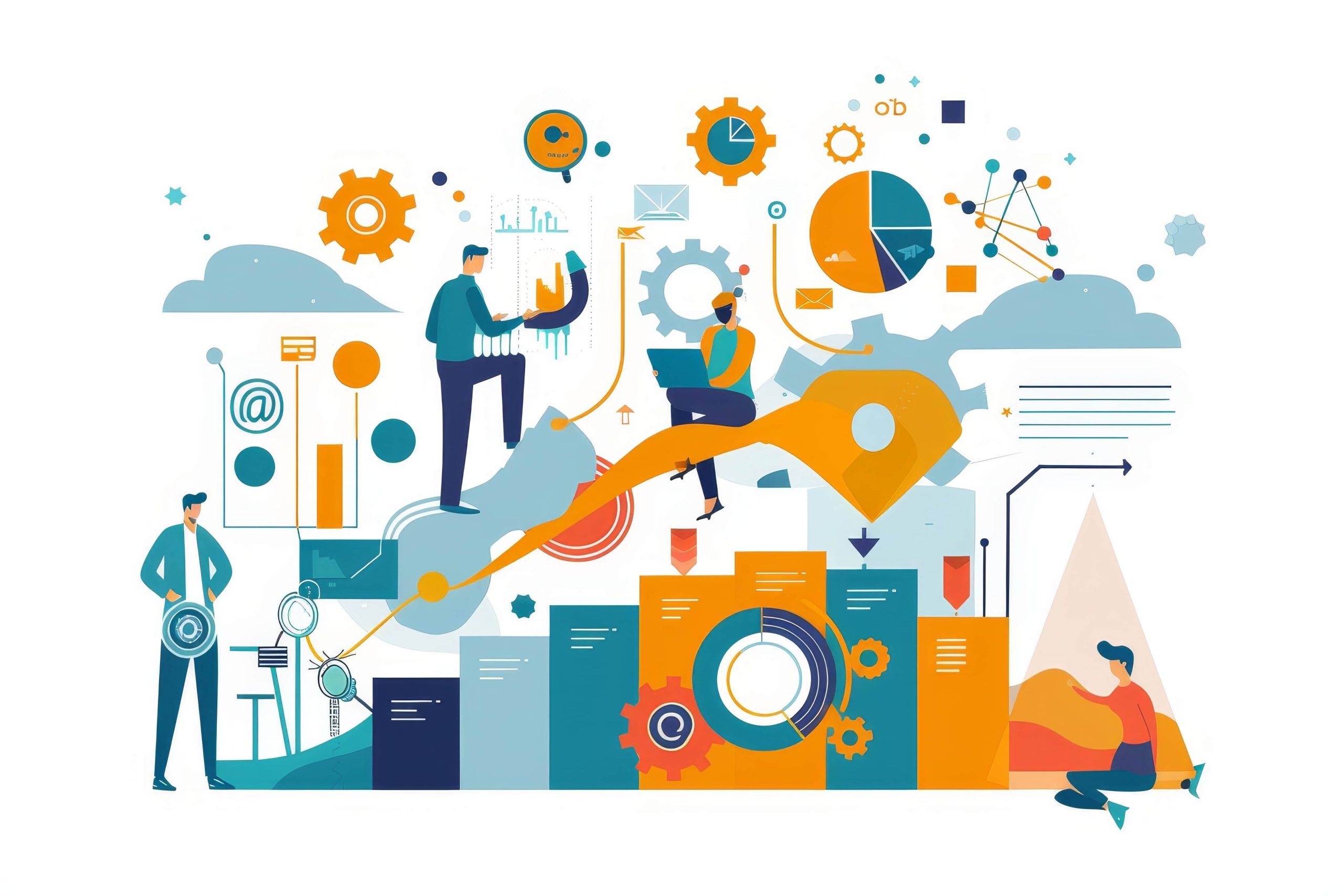 Illustration von Menschen in einer vernetzten und agilen Arbeitsumgebung